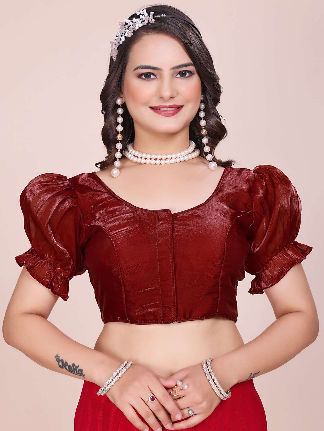 women solid puff sleeve stitched blouse