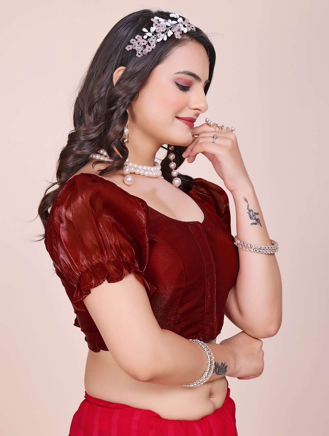 women solid puff sleeve stitched blouse - 22078231 - Standard Image - 1