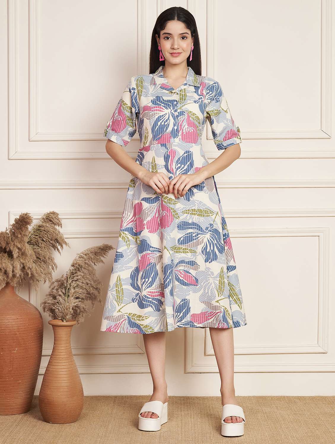 women printed collared short sleeve a-line dress - 22078235 -  Standard Image - 1