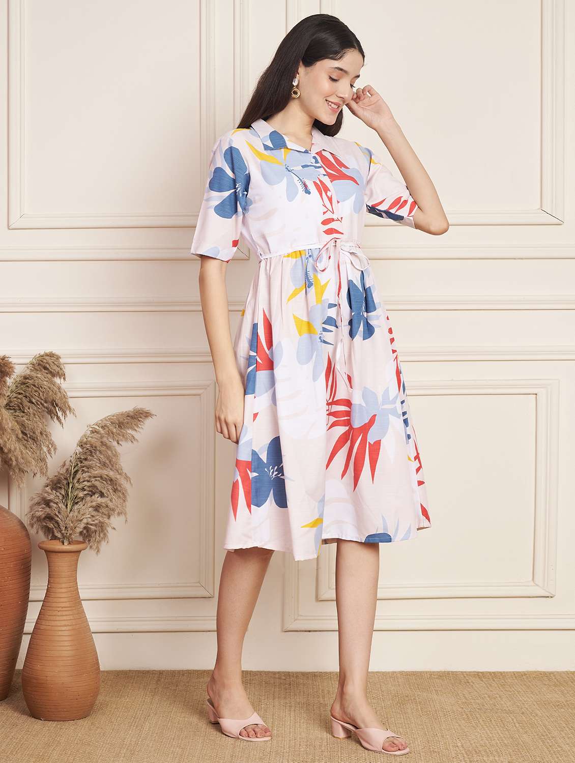 women printed collared short sleeve a-line dress - 22078236 - Standard Image - 4