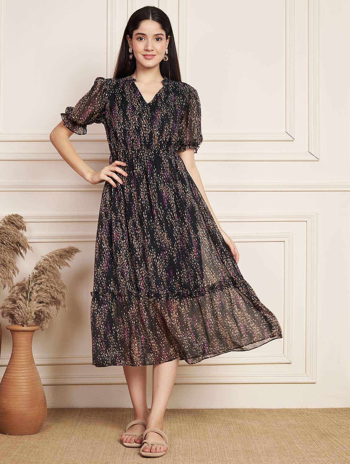 women printed puff sleeve tiered dress - 22078237 -  Standard Image - 1