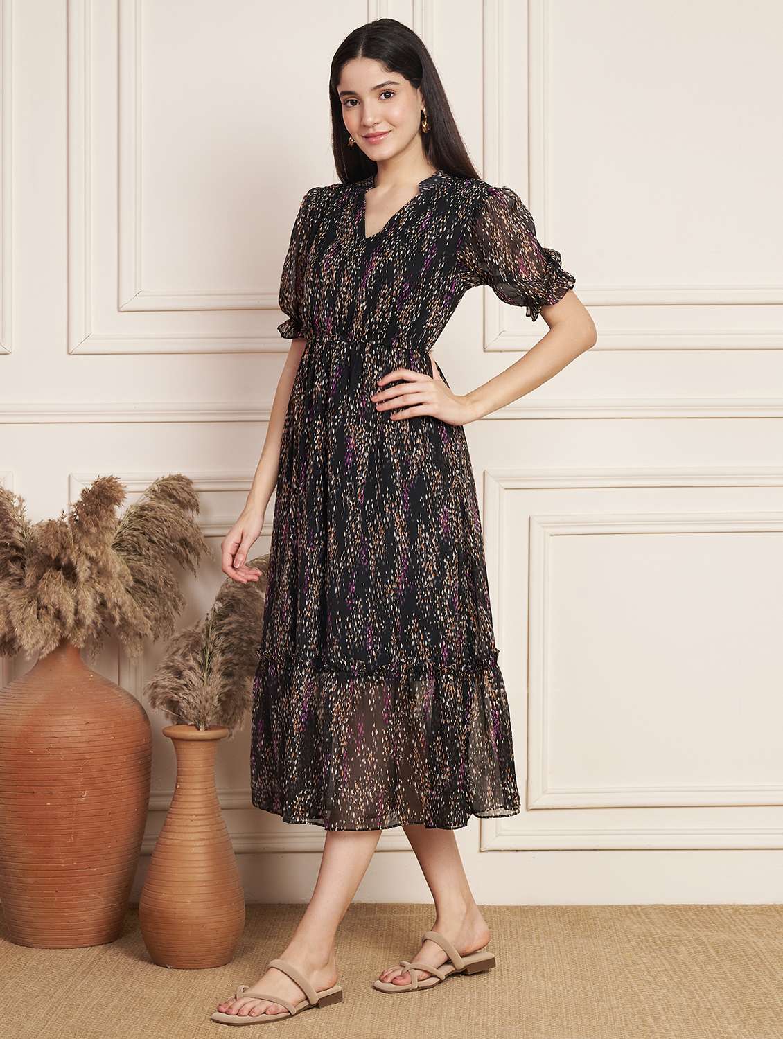 women printed puff sleeve tiered dress - 22078237 -  Standard Image - 4