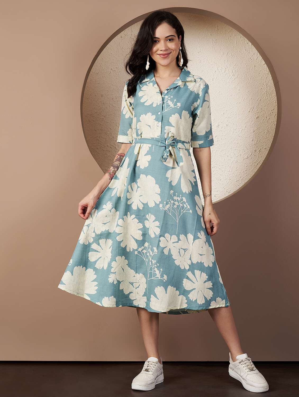 women printed short sleeve collared a-line dress - 22078238 - Standard Image - 1