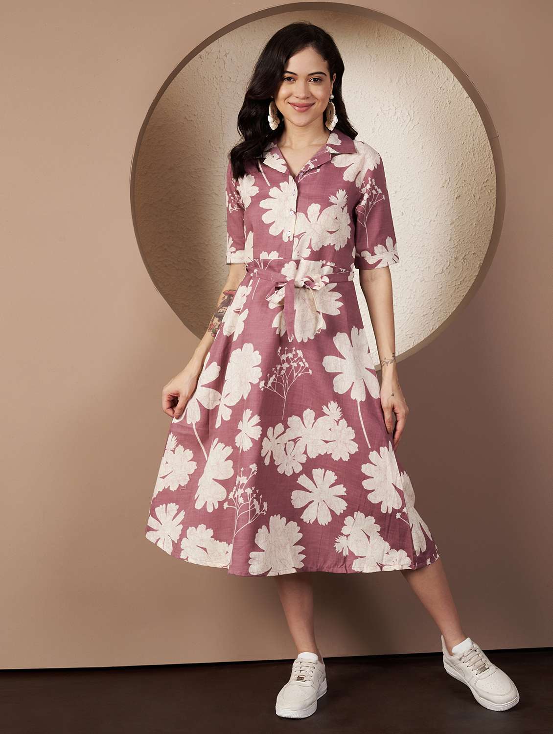 women printed short sleeve collared a-line dress - 22078239 - Standard Image - 1