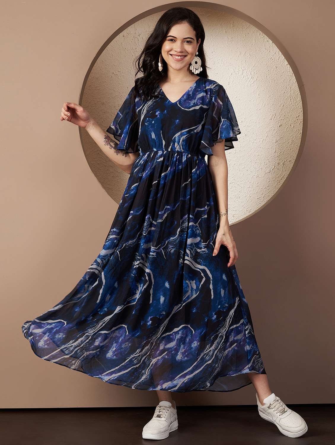 women printed flared sleeve fit & flare dress - 22078240 - Standard Image - 1