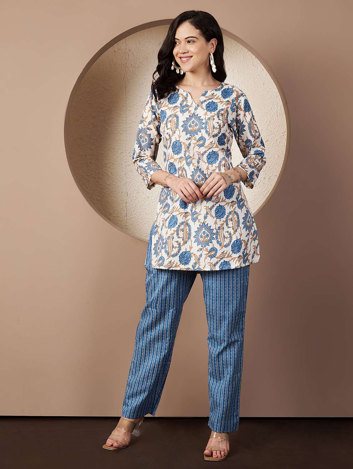 women printed three quarter sleeve co-ord set - 22078243 -  Standard Image - 1