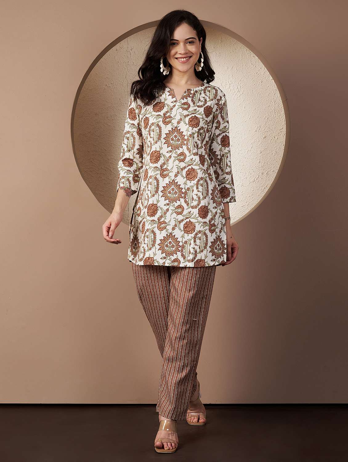 women printed three quarter sleeve co-ord set - 22078244 - Standard Image - 1