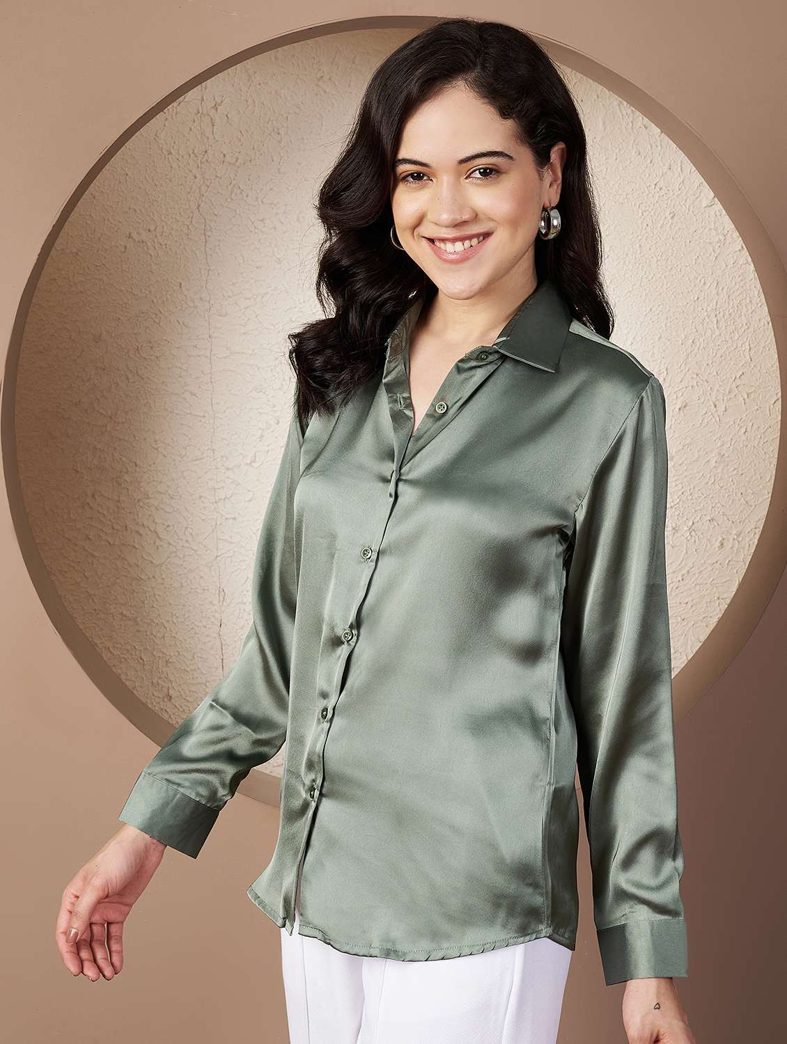 women solid collared long sleeve shirt - 22078248 - Standard Image - 1