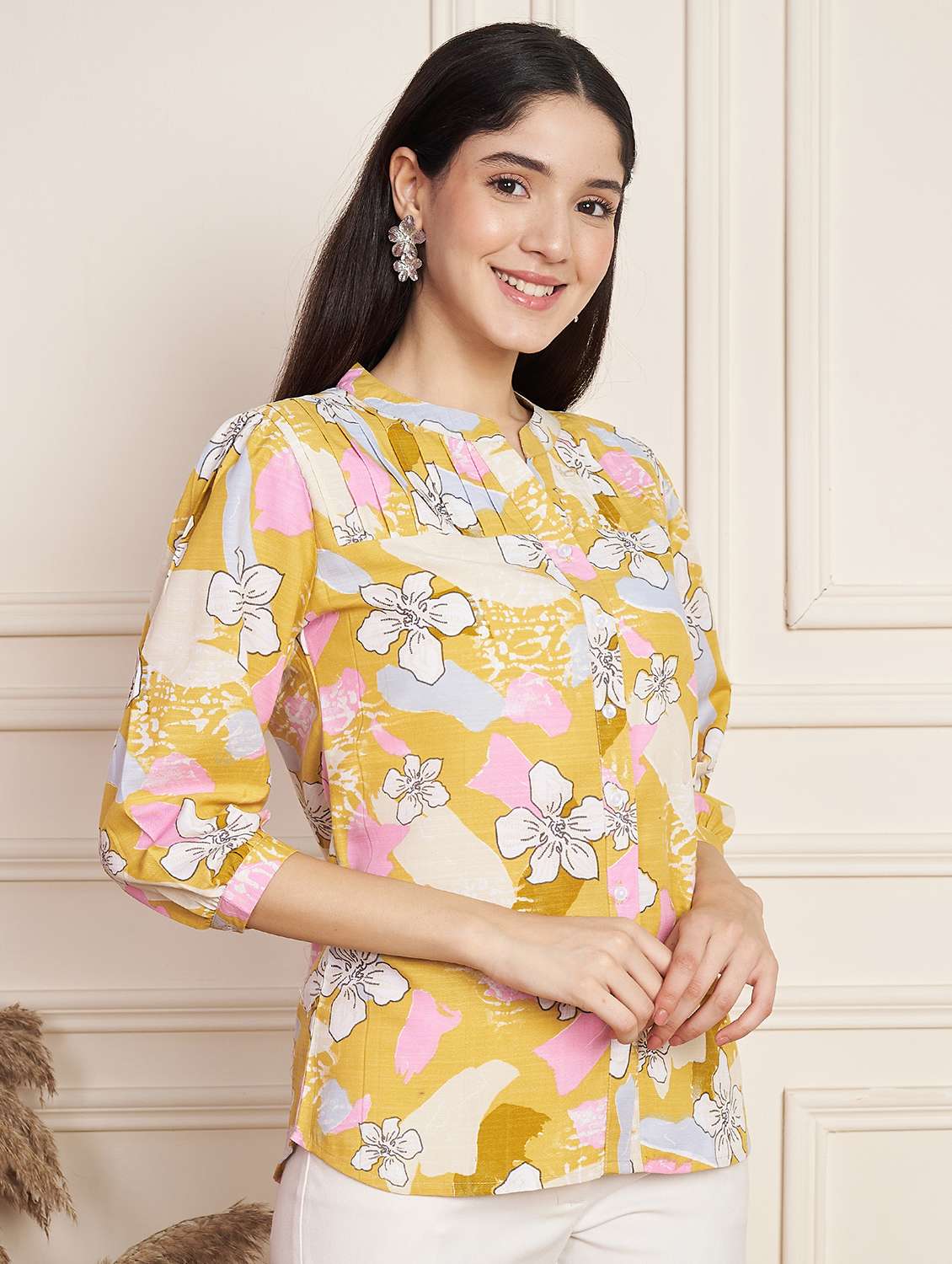 women floral print mandarin neck egular top - 22078251 - Standard Image - 1