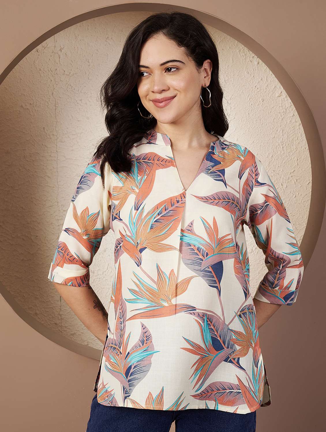 women printed three quarter sleeve regular top