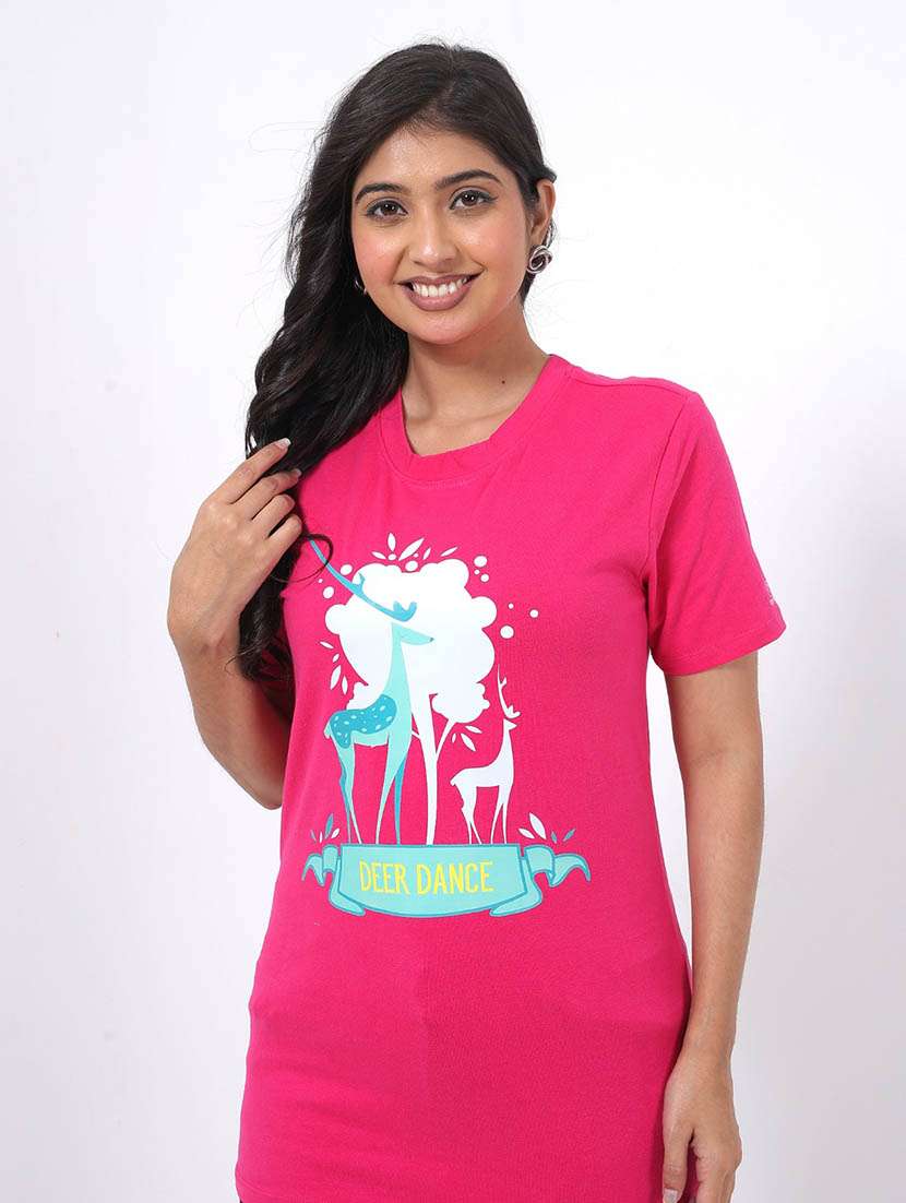 women front print round neck t-shirt - 22078261 - Standard Image - 1