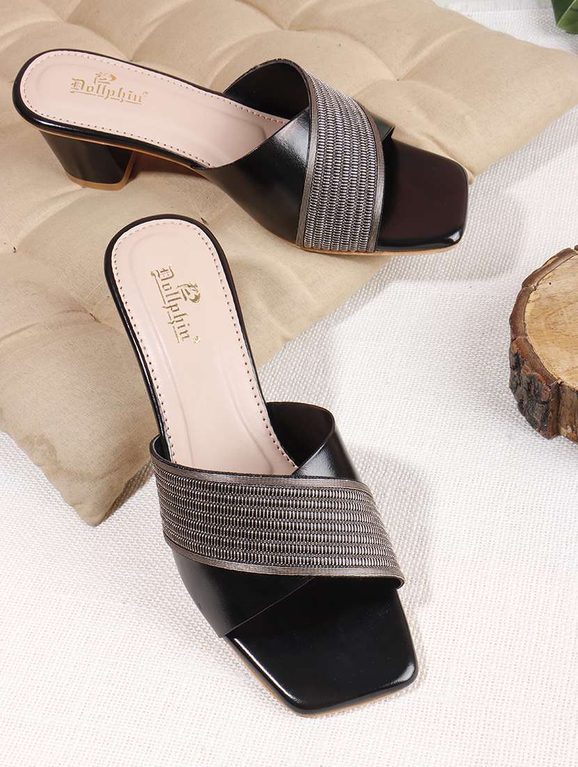women solid slip on block heel sandal