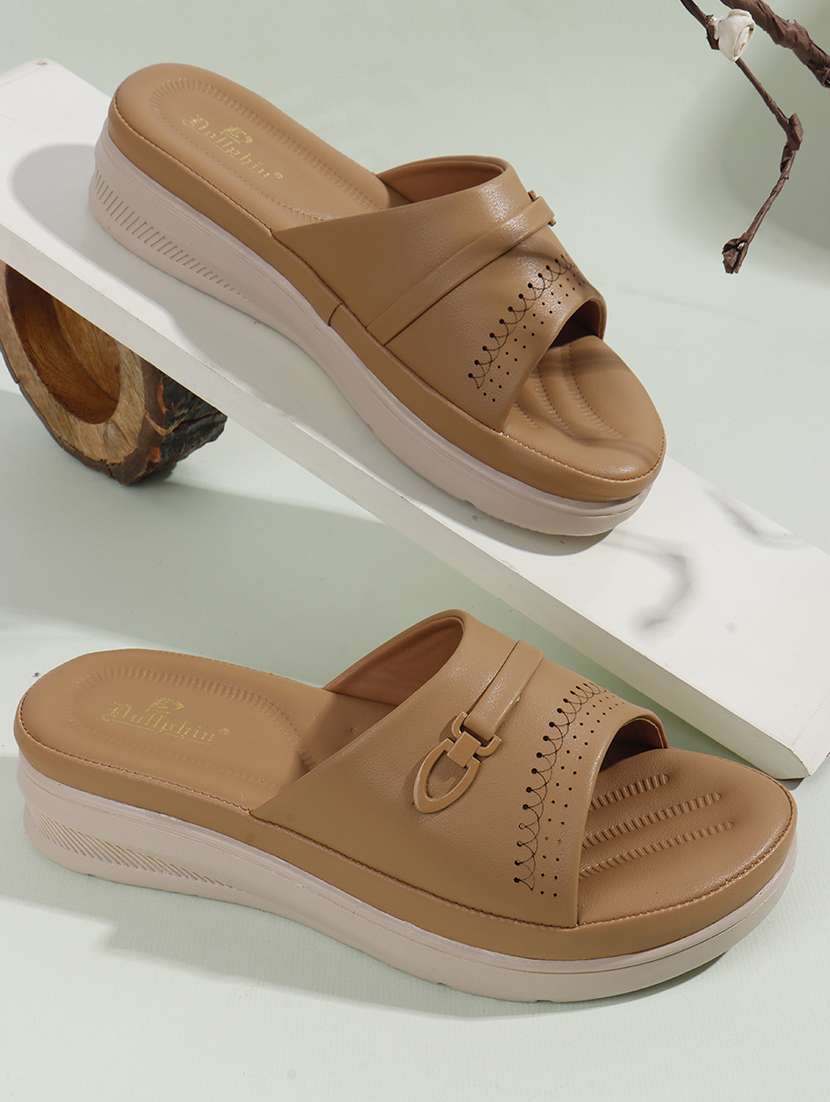 women beige slip on wedge