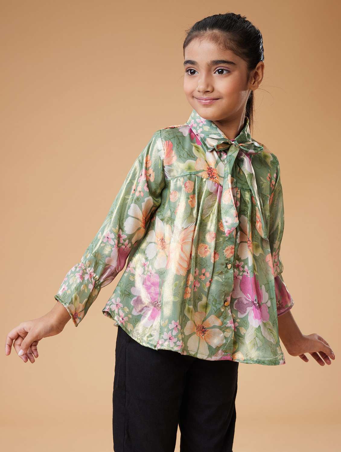 girls floral print tie-up neck long sleeve  top - 22078330 -  Standard Image - 1
