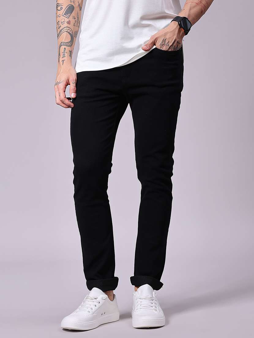 men plain mid rise full length jeans
