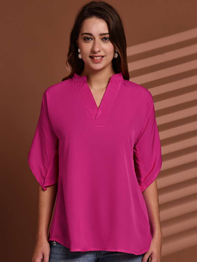 women solid mandarin neck short sleeve top - 22078363 -  Standard Image - 1