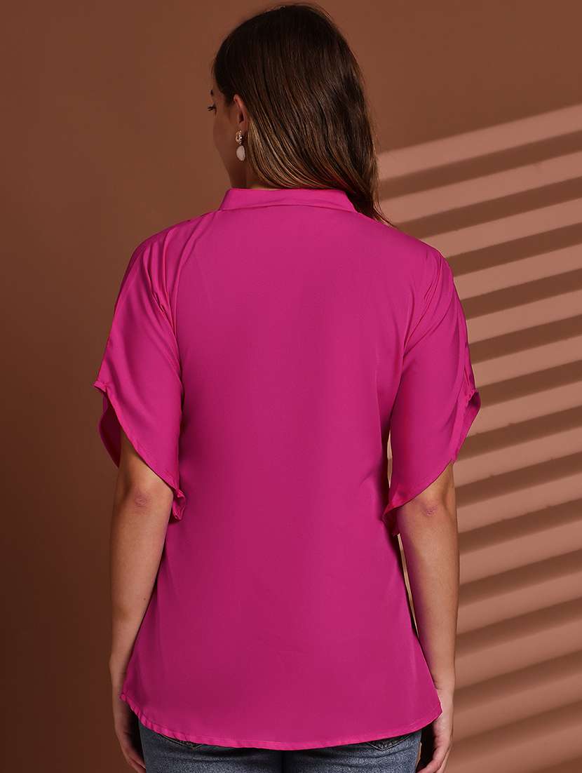 women solid mandarin neck short sleeve top - 22078363 -  Standard Image - 4