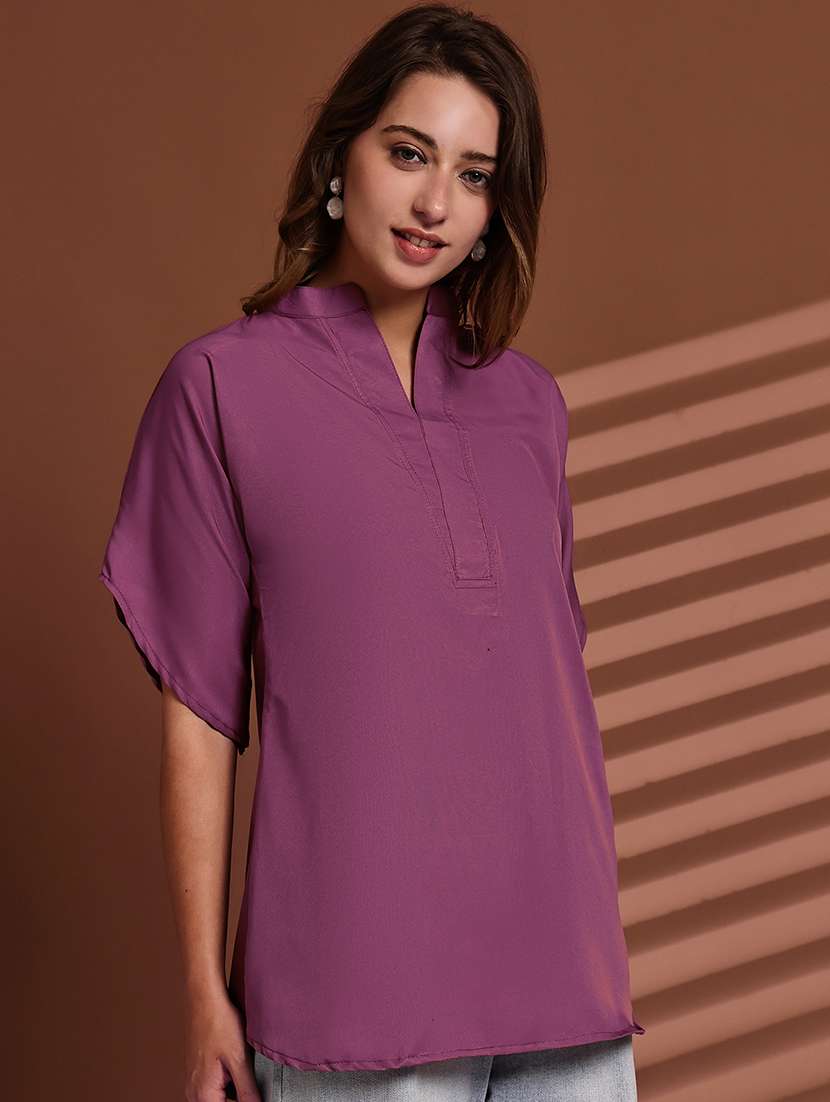 women solid mandarin neck short sleeve top - 22078364 -  Standard Image - 1