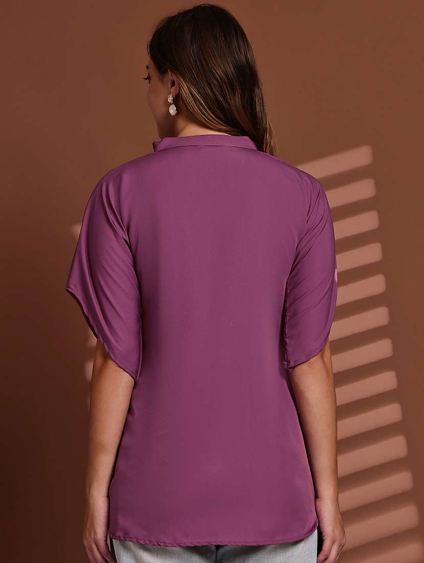 women solid mandarin neck short sleeve top - 22078364 -  Standard Image - 4