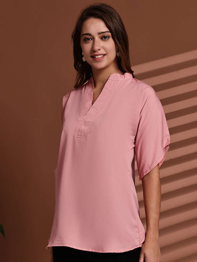 women solid mandarin neck short sleeve top - 22078365 -  Standard Image - 1