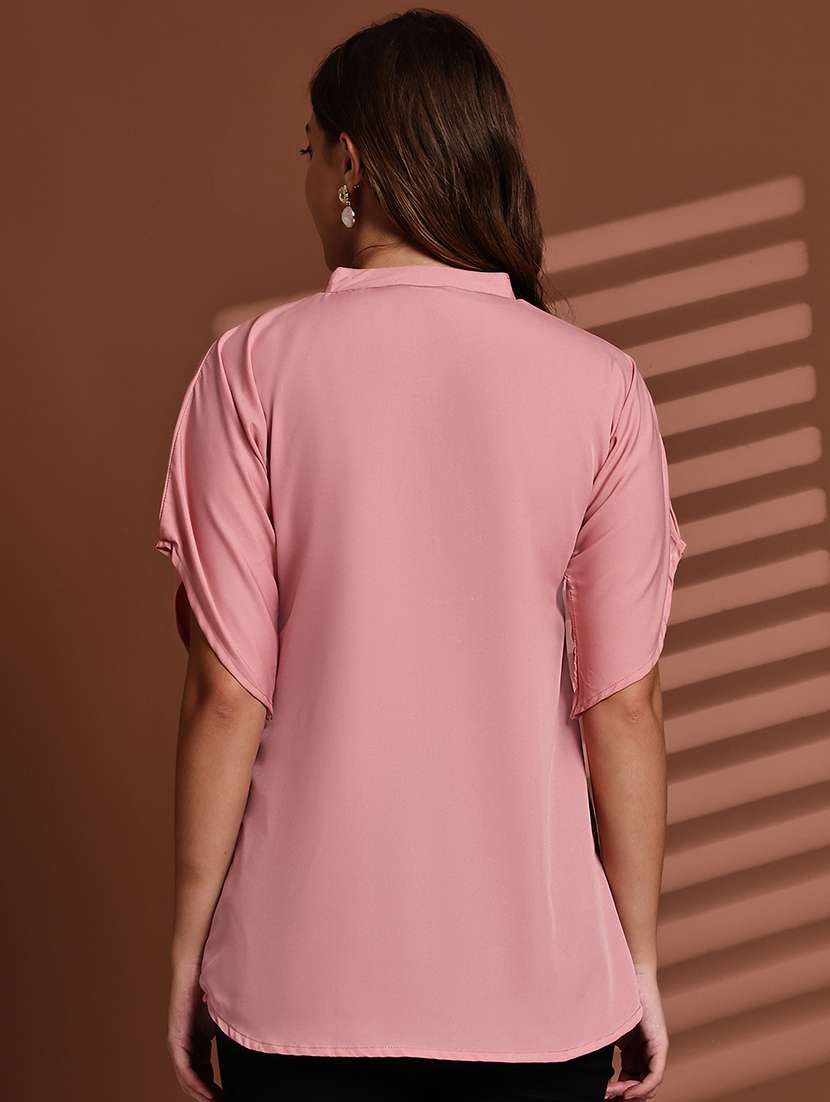 women solid mandarin neck short sleeve top - 22078365 -  Standard Image - 4