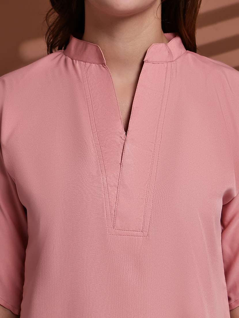 women solid mandarin neck short sleeve top - 22078365 -  Standard Image - 6