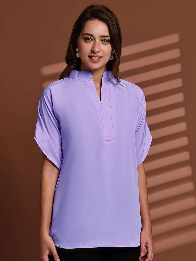 women solid mndarin neck short sleeve top - 22078366 -  Standard Image - 1