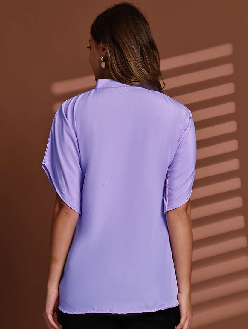 women solid mndarin neck short sleeve top - 22078366 -  Standard Image - 4