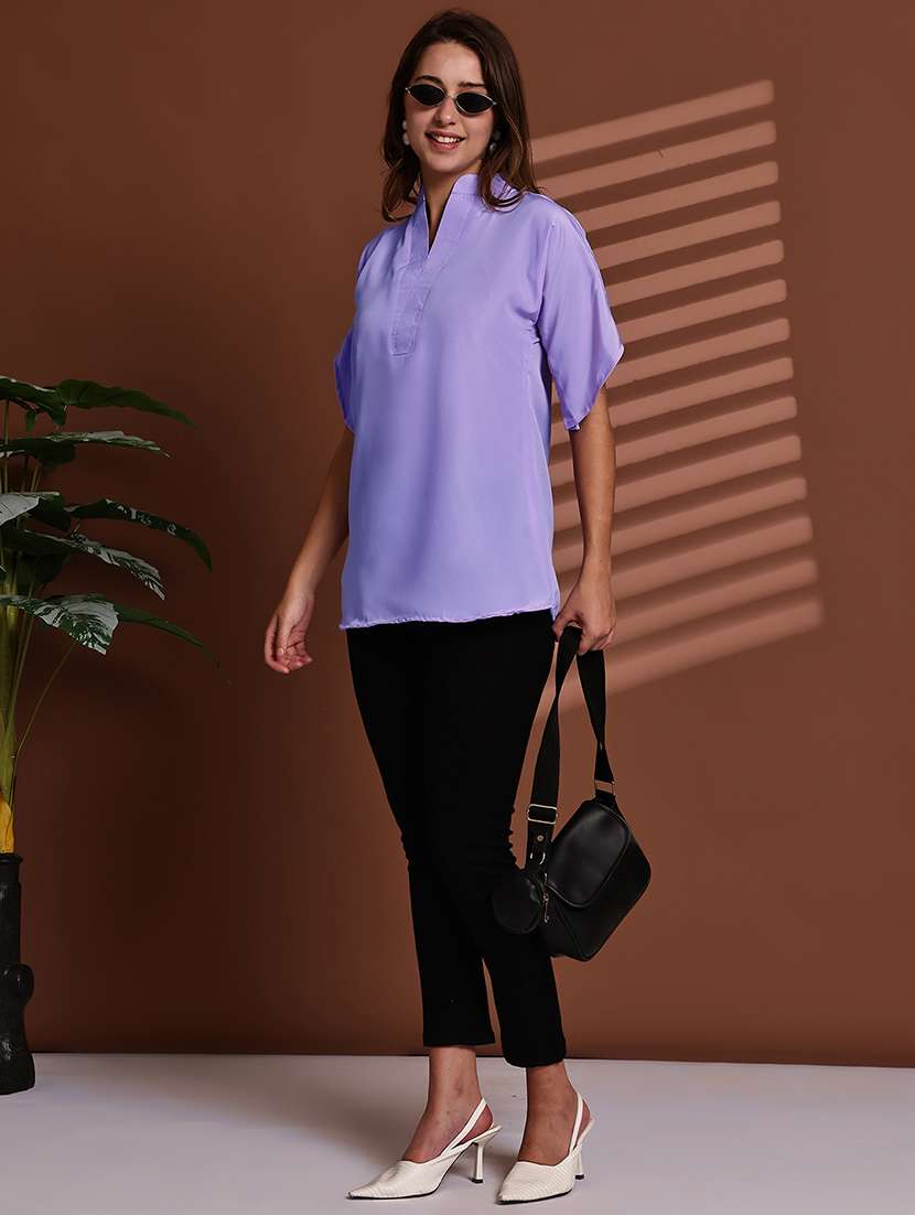 women solid mndarin neck short sleeve top - 22078366 -  Standard Image - 6
