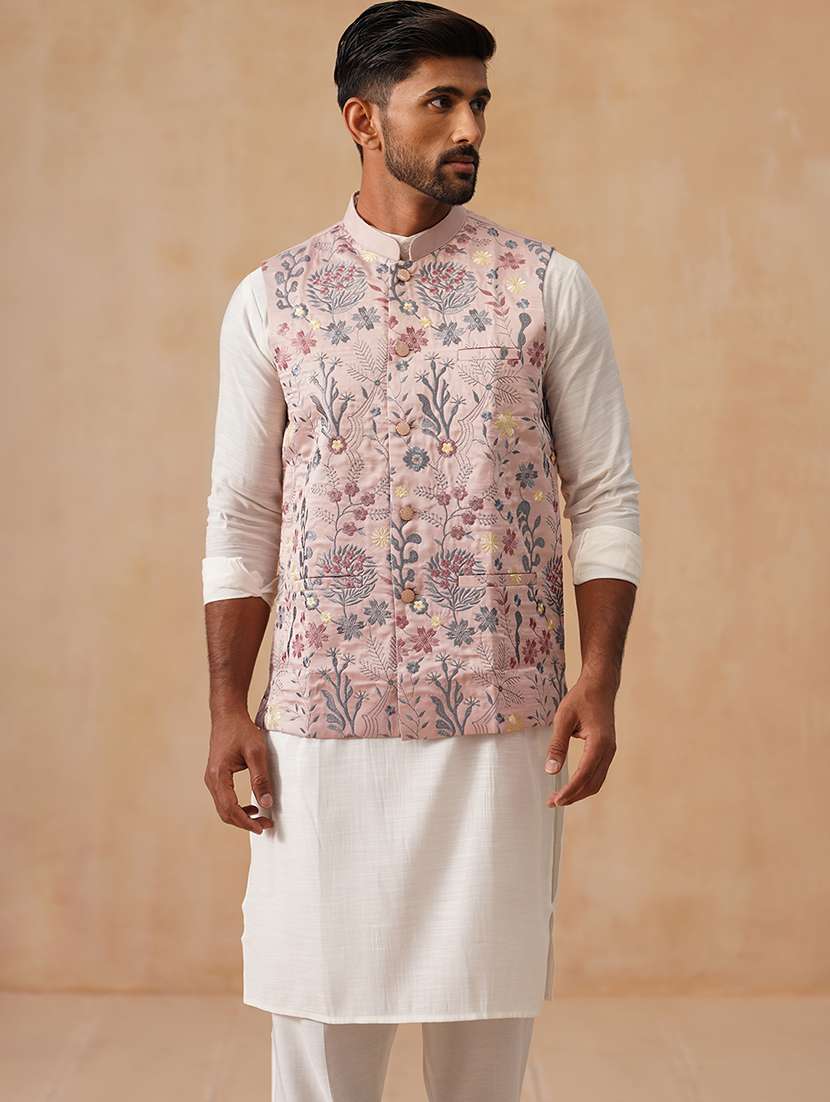 men solid with work mandarin neck regular fit nehru jacket - 22078367 -  Standard Image - 1