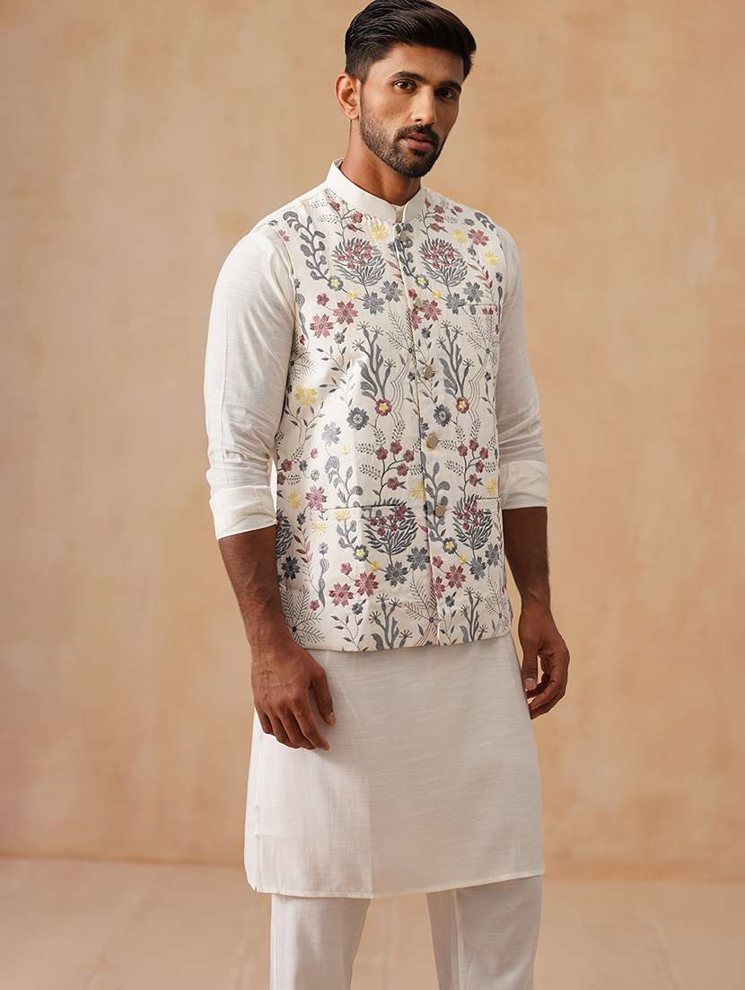 men solid with work mandarin neck regular fit nehru jacket - 22078368 -  Standard Image - 1