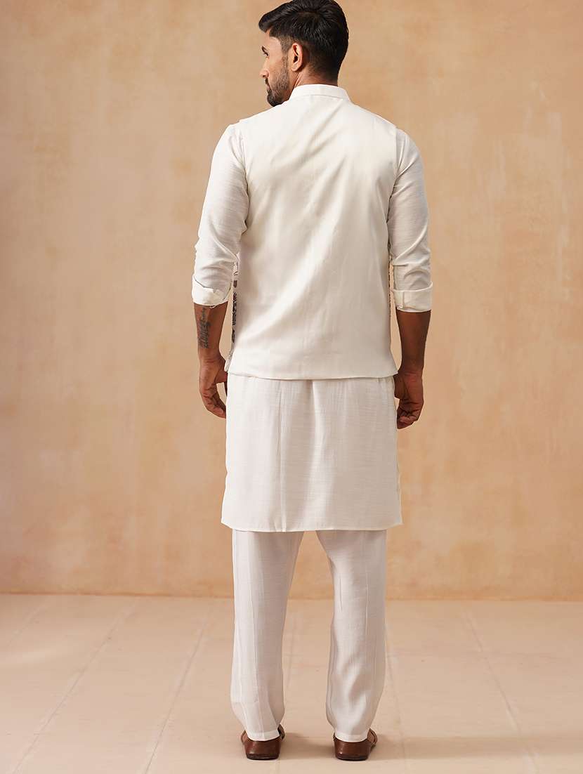 men solid with work mandarin neck regular fit nehru jacket - 22078368 -  Standard Image - 4