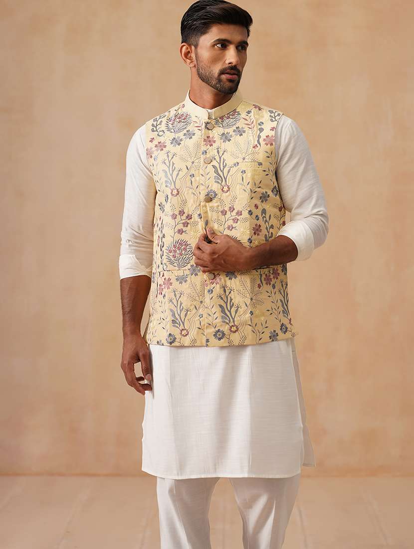 men solid with work mandarin neck regular fit nehru jacket - 22078369 -  Standard Image - 1