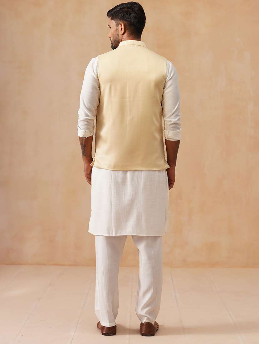 men solid with work mandarin neck regular fit nehru jacket - 22078369 -  Standard Image - 4