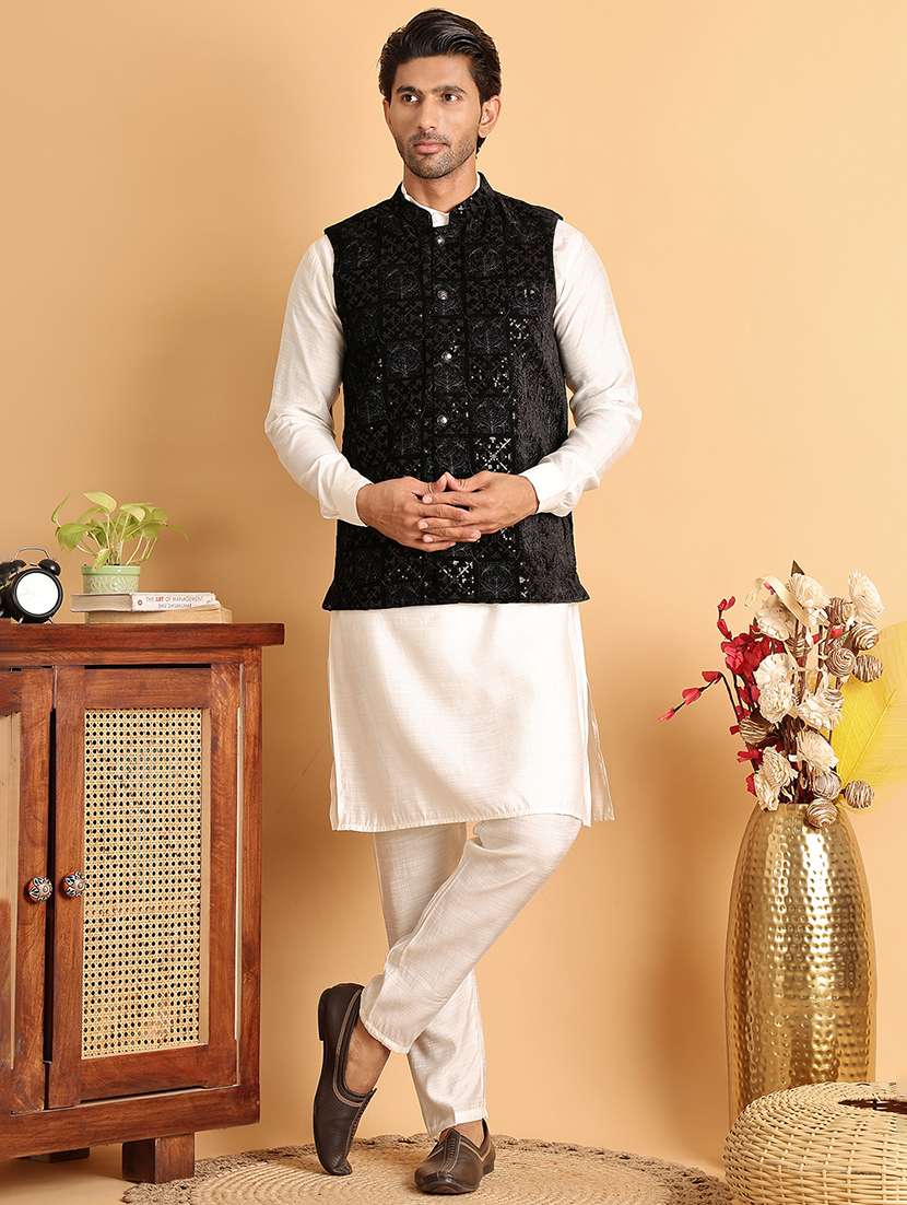 men solid with work mandarin neck regular fit nehru jacket
