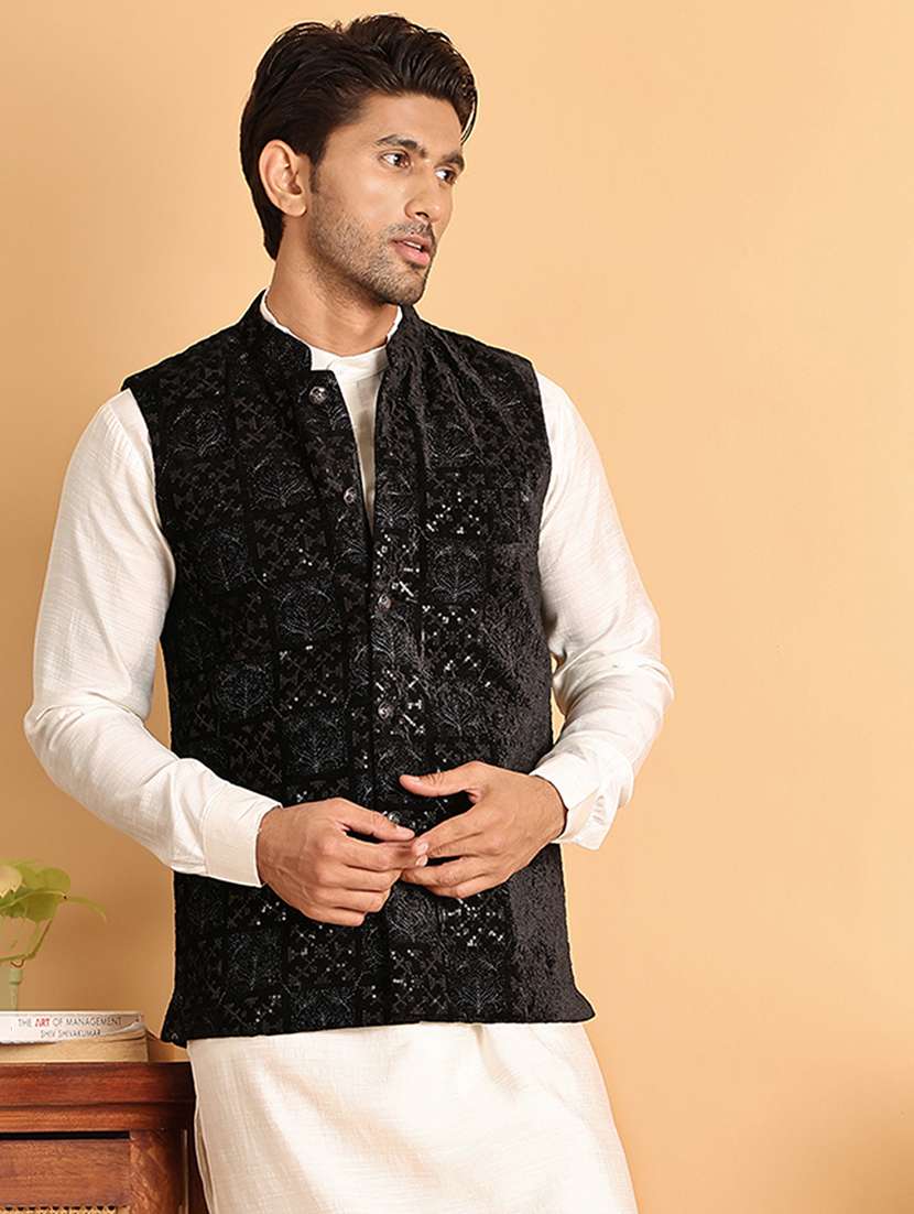 men solid with work mandarin neck regular fit nehru jacket - 22078370 -  Standard Image - 1