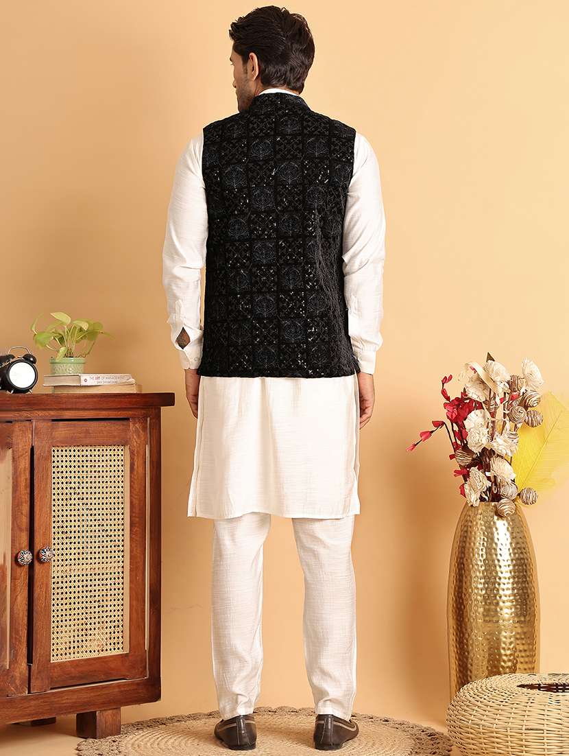 men solid with work mandarin neck regular fit nehru jacket - 22078370 -  Standard Image - 4