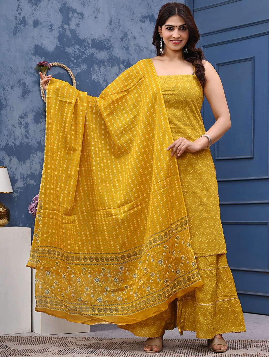 women printed shoulder strap kurta sharara with dupatta set