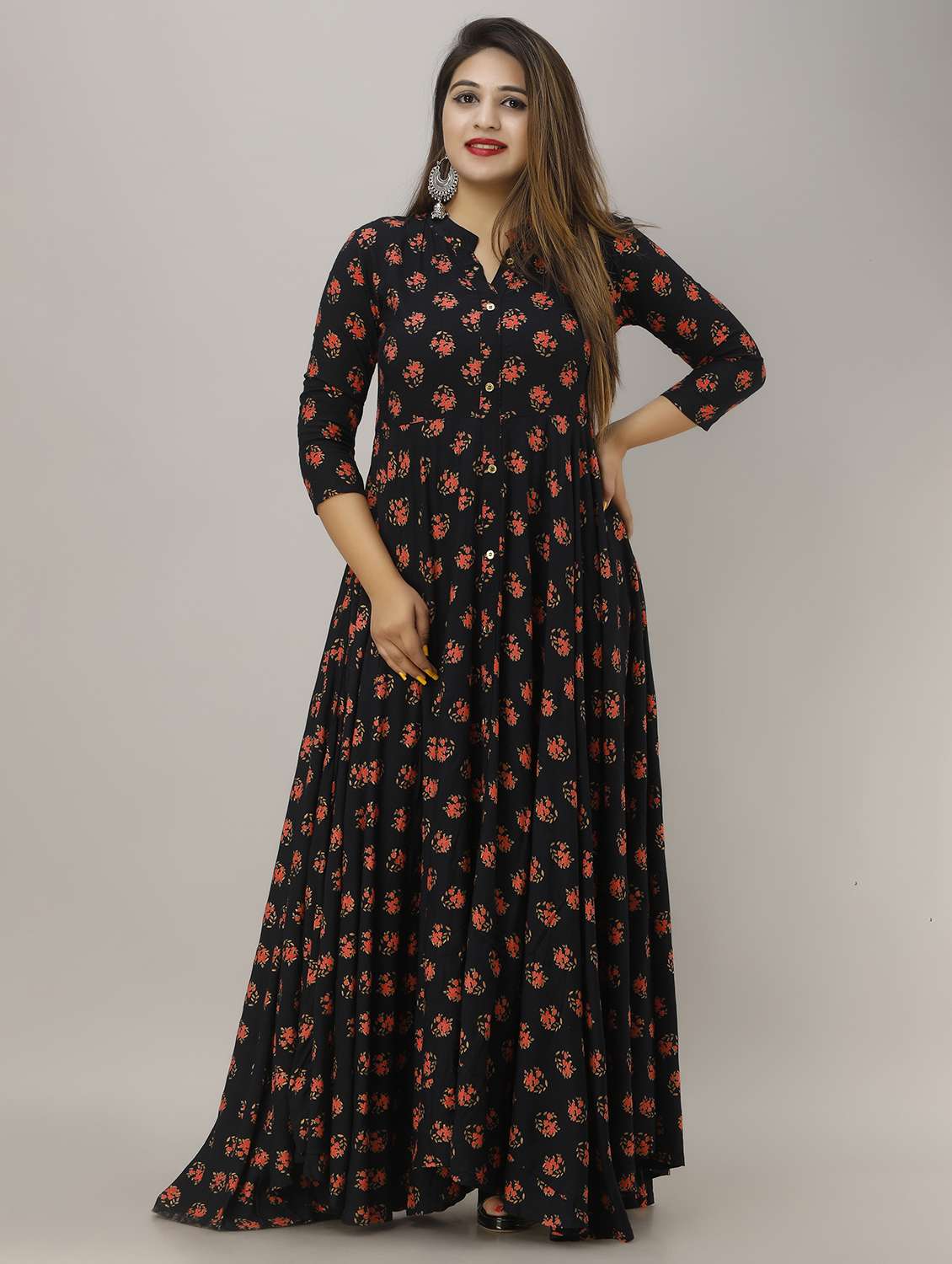 women floral printed three quarter sleeve flared ethnic dress