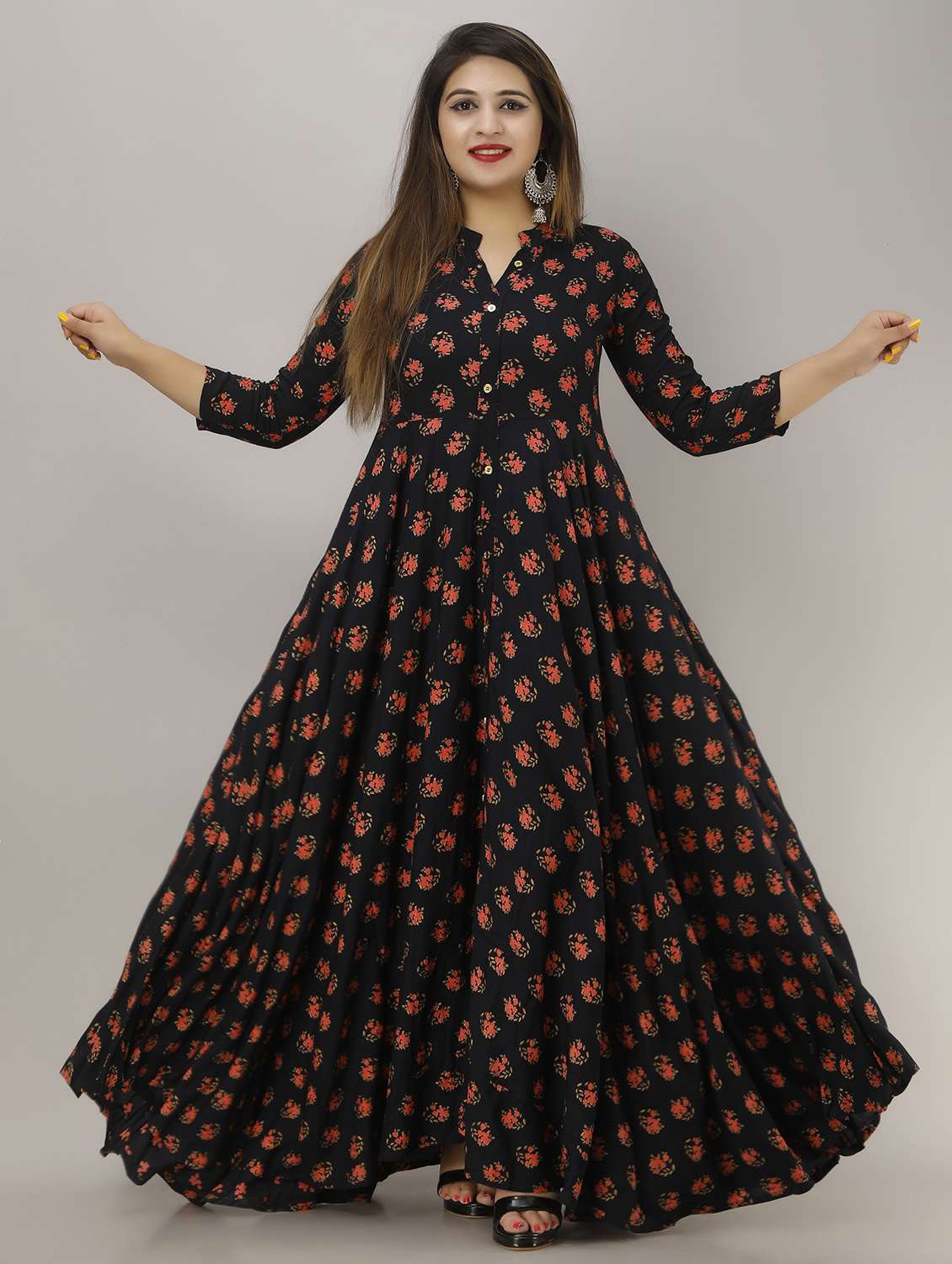 women floral printed three quarter sleeve flared ethnic dress - 22078417 -  Standard Image - 1