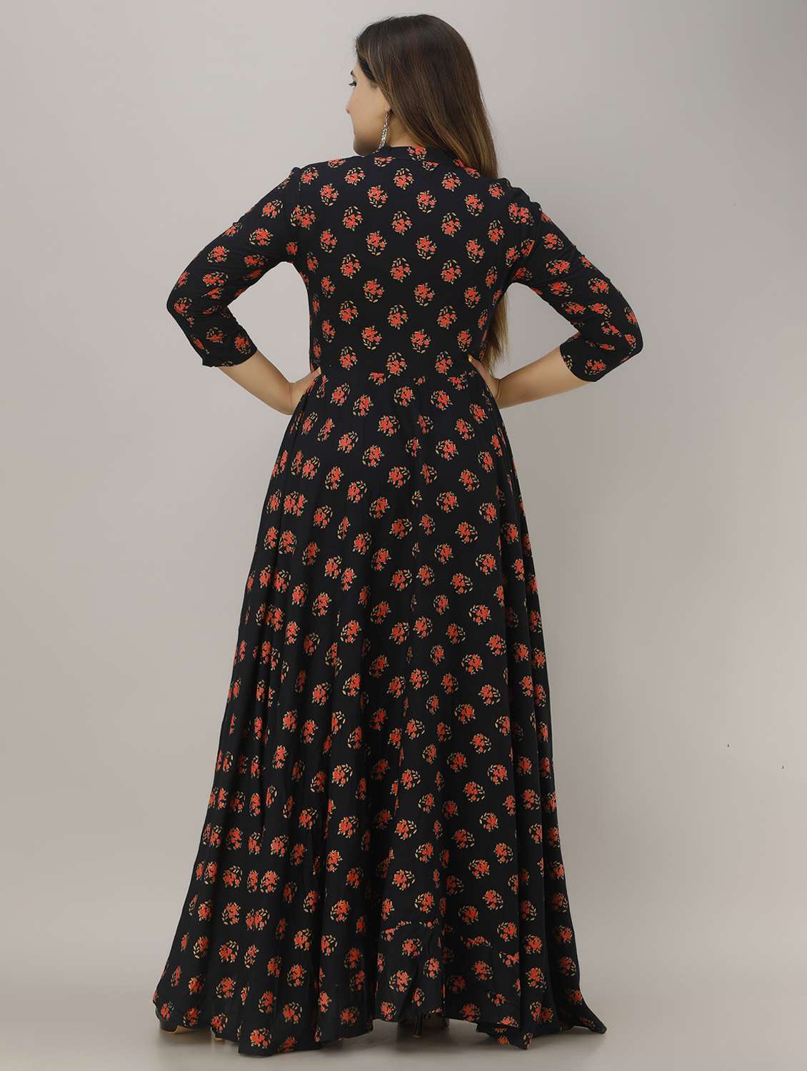 women floral printed three quarter sleeve flared ethnic dress - 22078417 - Standard Image - 4