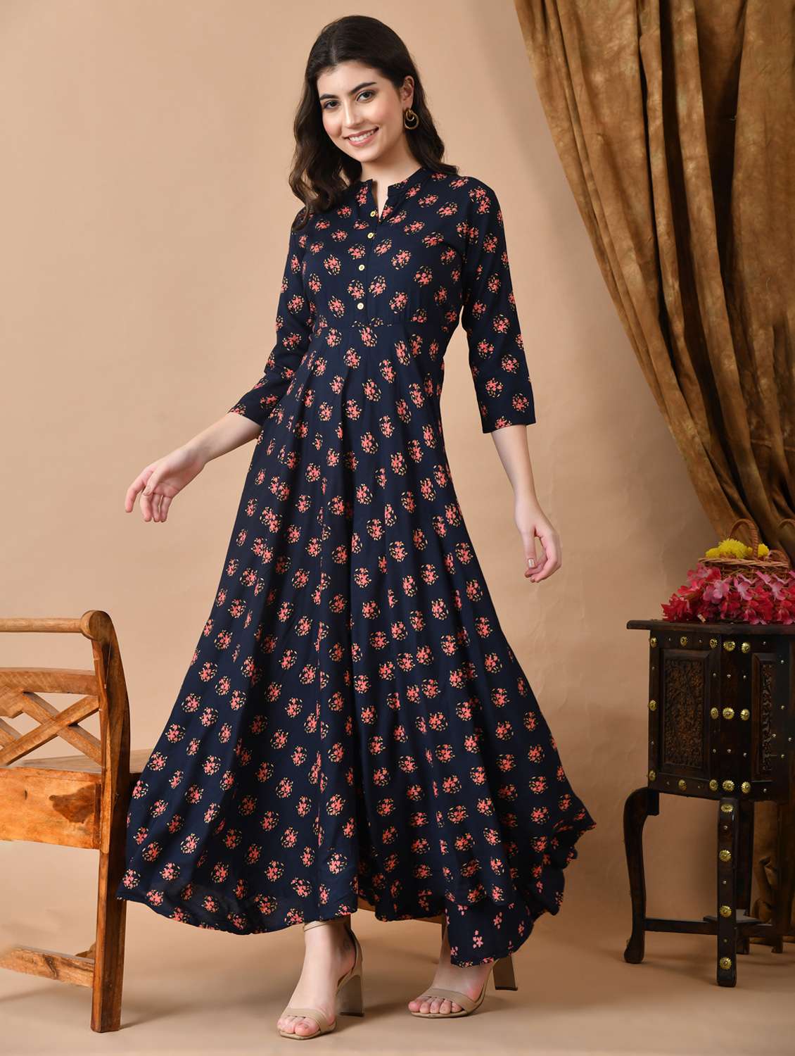 women floral printed three quarter sleeve flared ethnic dress - 22078418 - Standard Image - 1