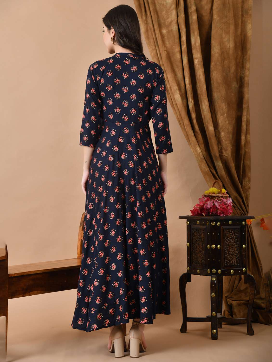 women floral printed three quarter sleeve flared ethnic dress - 22078418 - Standard Image - 4