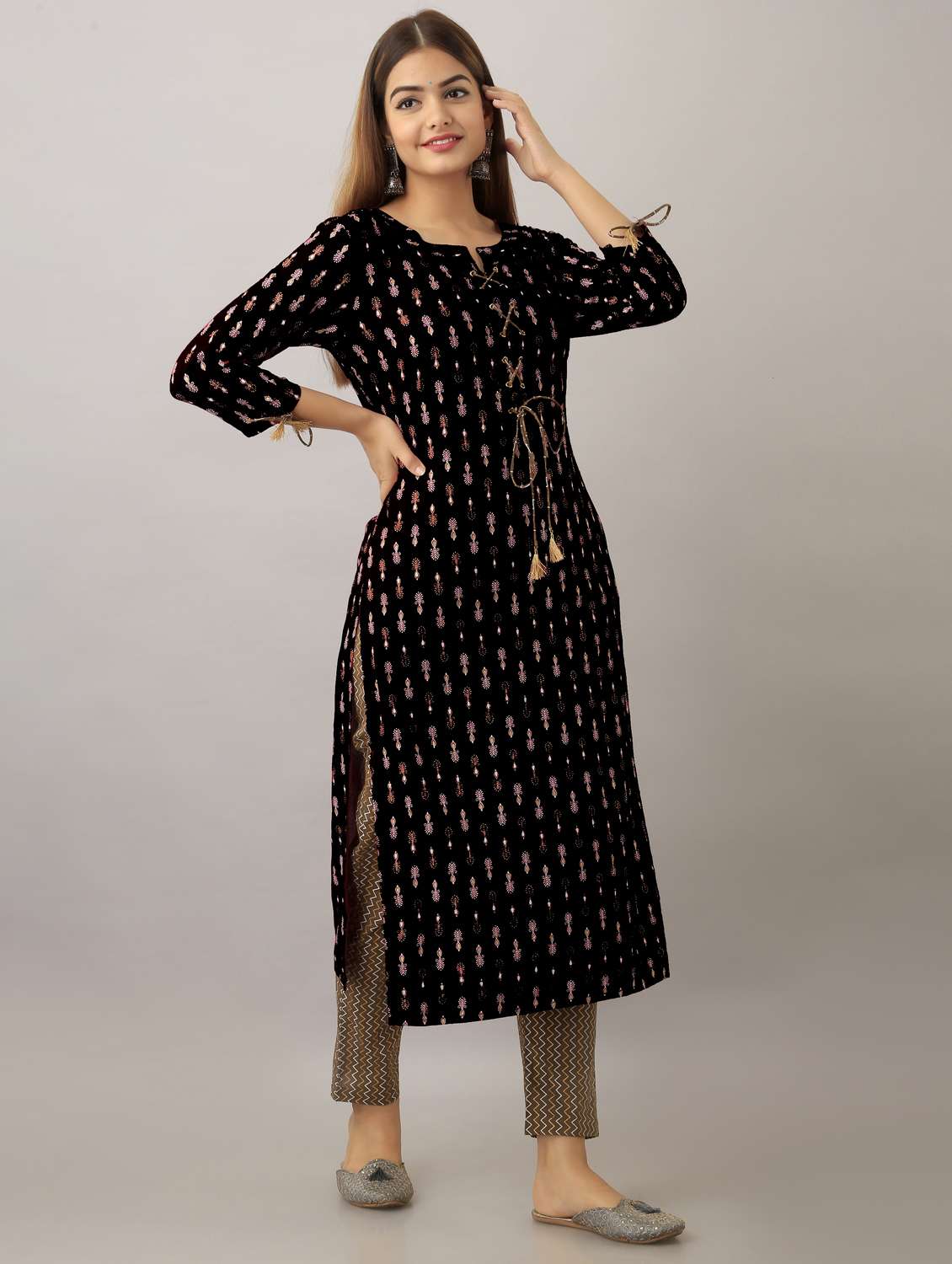 women printed three quarter sleeve straight kurta - 22078421 -  Standard Image - 1