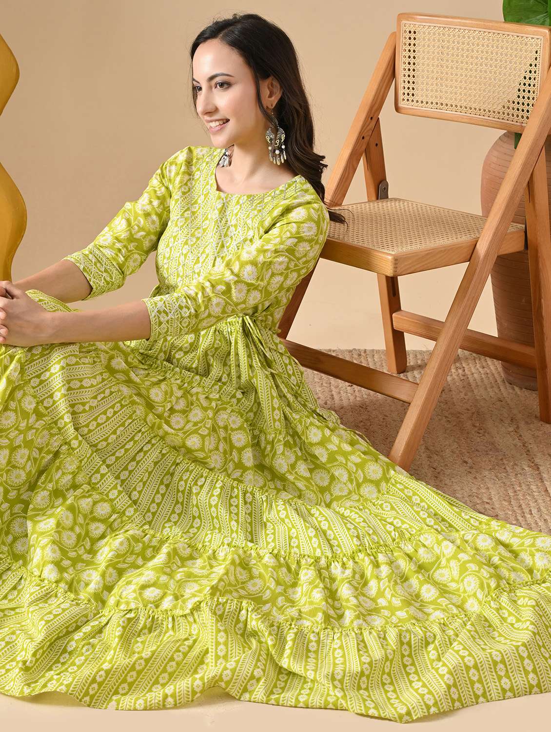 women floral printed three quarter sleeve tiered ethnic dress - 22078423 - Standard Image - 1