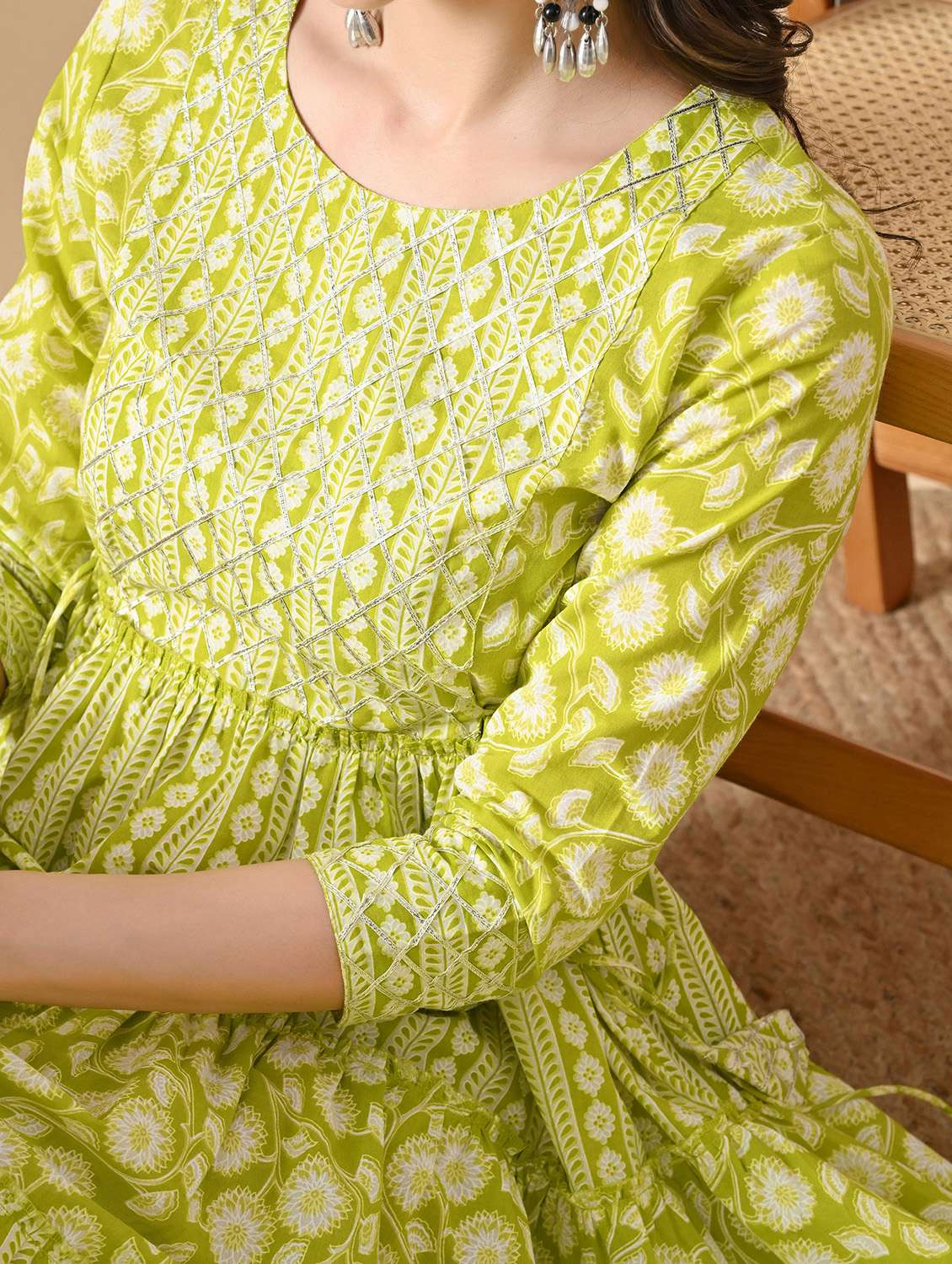 women floral printed three quarter sleeve tiered ethnic dress - 22078423 - Standard Image - 6