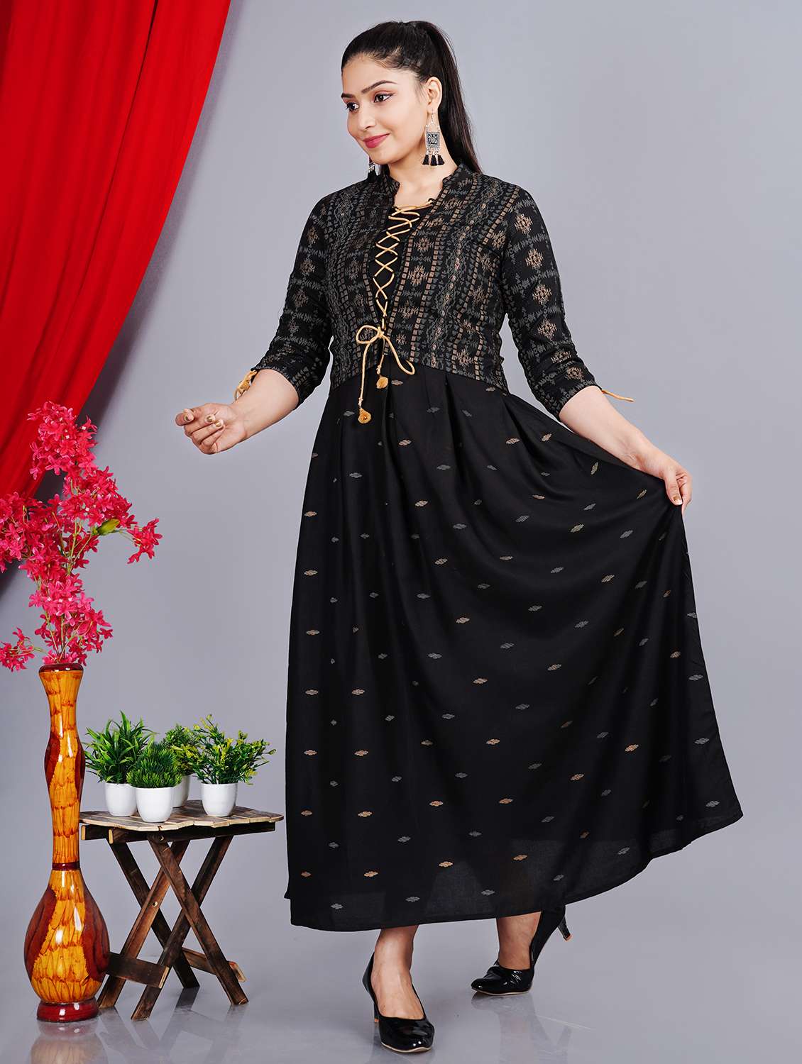 women printed three quarter sleeve kurta with jacket ethnic dress