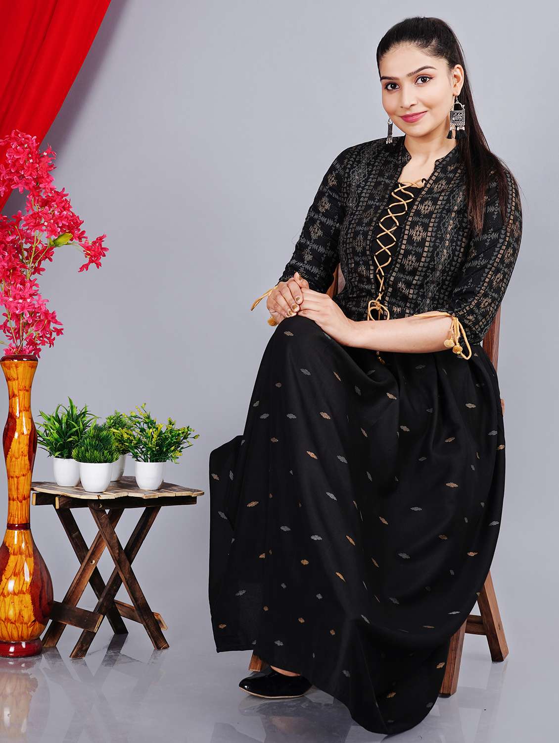 women printed three quarter sleeve kurta with jacket ethnic dress - 22078424 -  Standard Image - 1