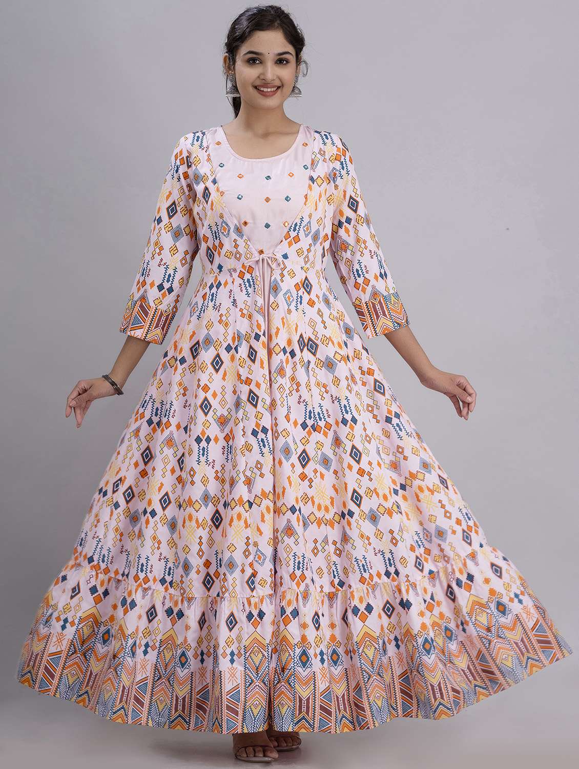 women printed three quarter sleeve tiered ethnic dress - 22078425 - Standard Image - 1