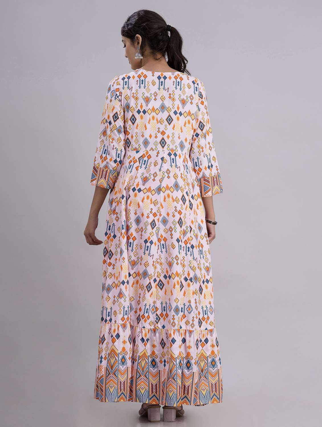 women printed three quarter sleeve tiered ethnic dress - 22078425 - Standard Image - 4